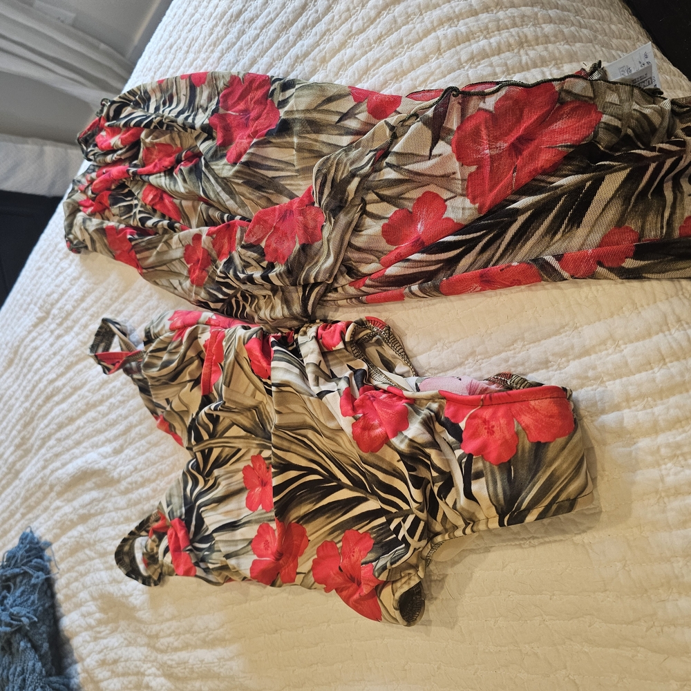 Floral Red and Green Two-Piece Swimsuit